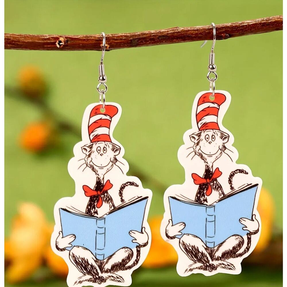 Mini Dr Seuss Cat in the Hat Reading a Book Red & White Book Earrings